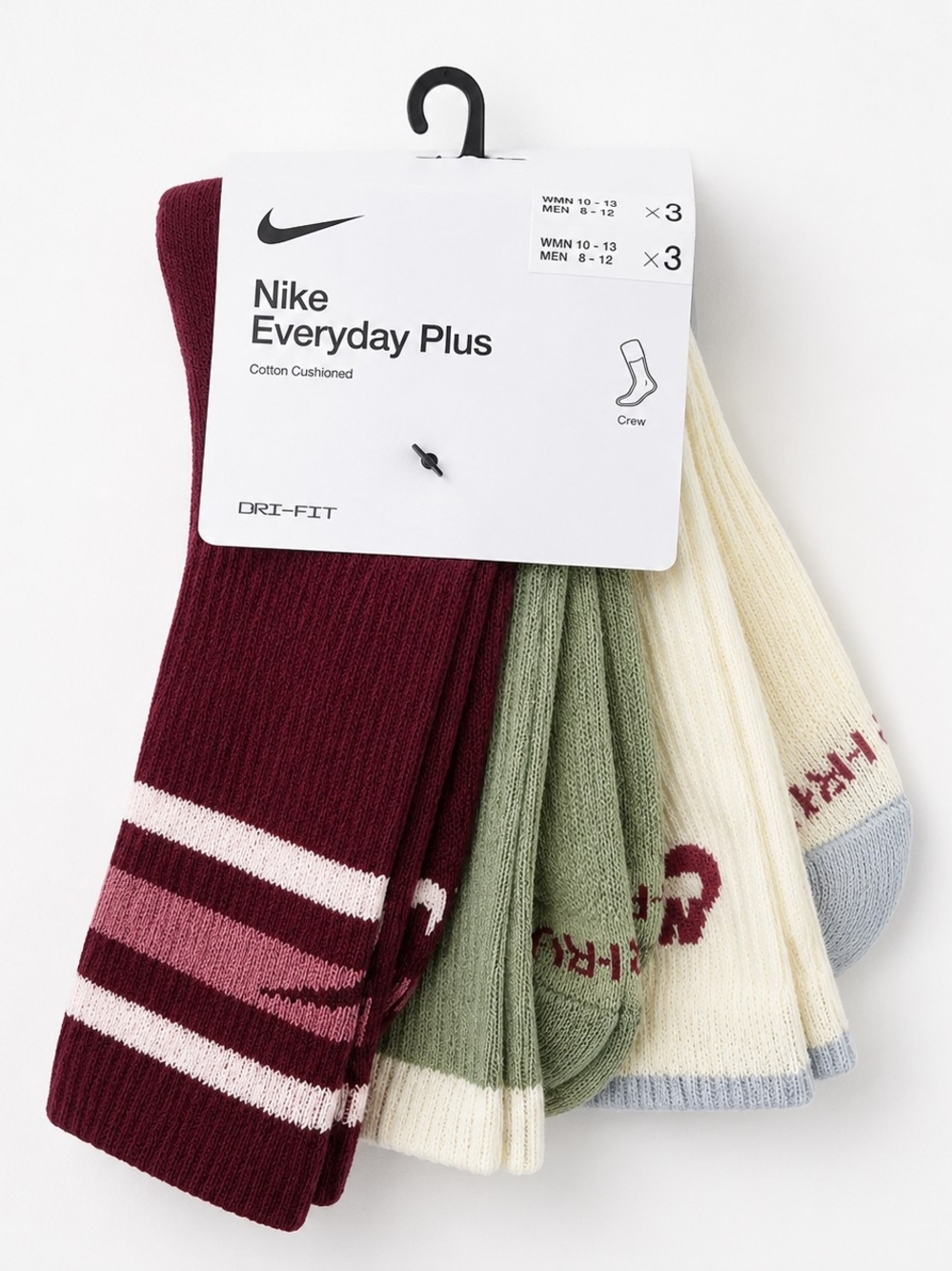Nike Everyday Plus Dri-FIT Cushioned Crew Socks 3 Pack Multicolor L NWT